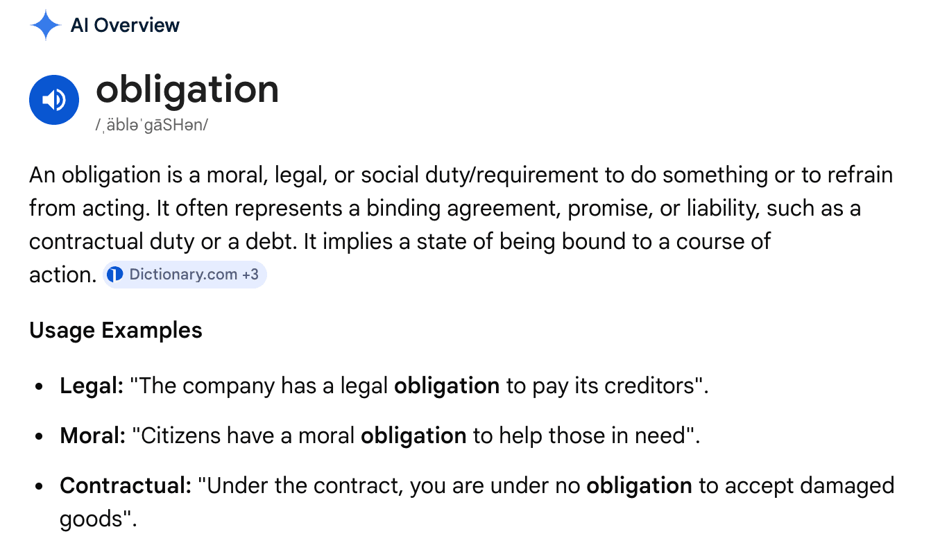 google’s ai overview definition of obligation